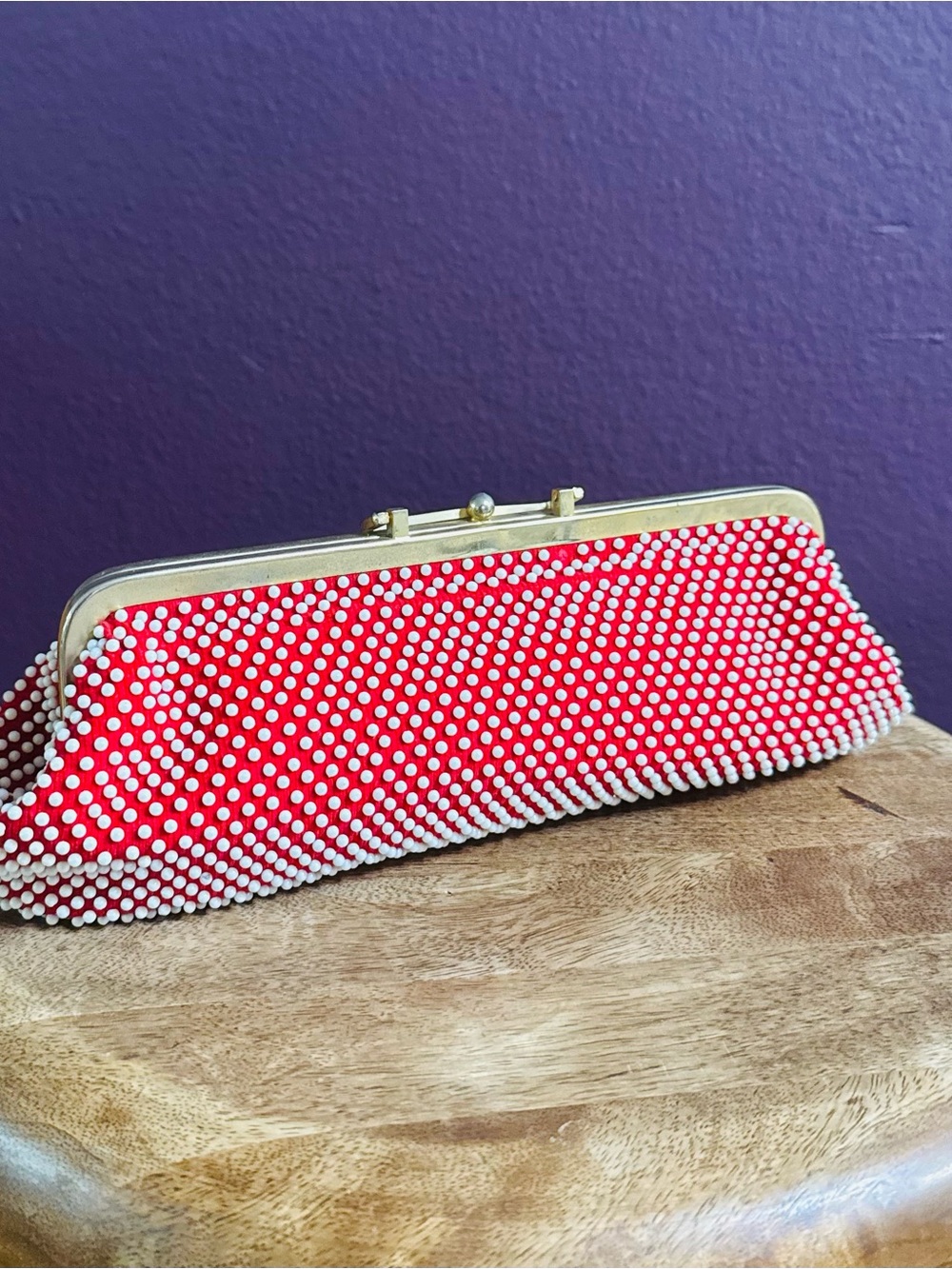 Red Beaded Frame Clutch Handbag
